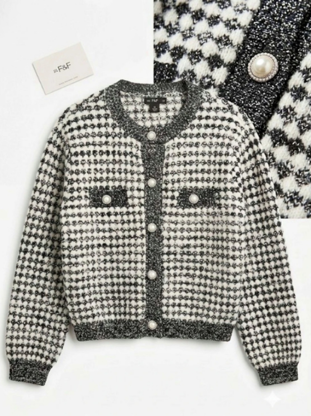 F&F Textured Cardigan in Black & White (Sz M) Fall Classic Cozy Statement